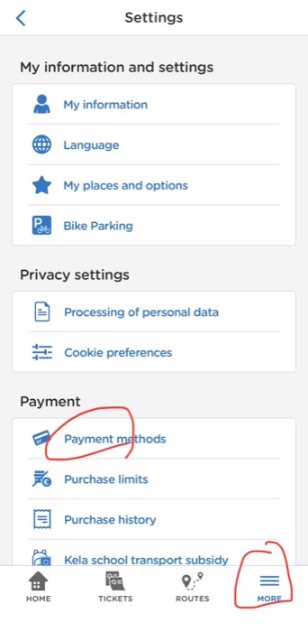 HSLアプリのSettings画面。MOREタブとPayment methodsの場所